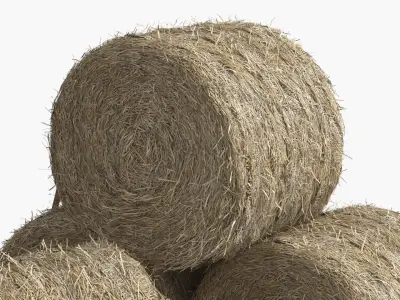 Round Hay Bales Stack with Pitchfork Golden Brown 3D model