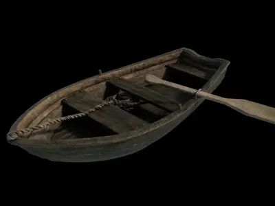 A wood boat with paddle and rope 3D model