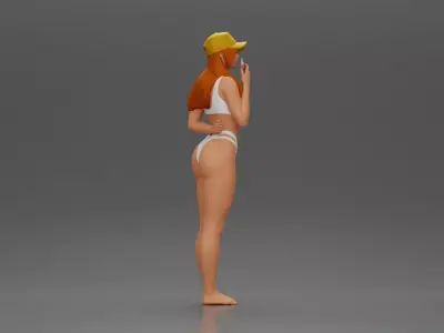 girl in white holding phone on the beach and wearing cap 3D print model