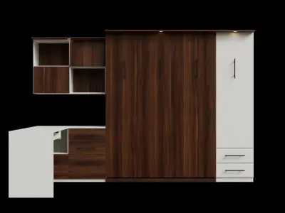 White Desk Dark Brown Cabinet Wall Bed Closed 3D model