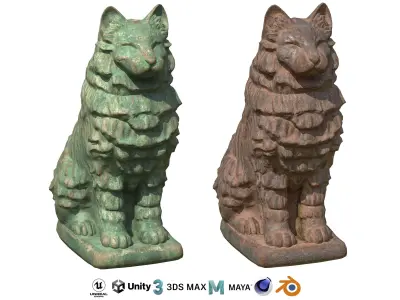 Furred cat rusted statues Low-poly 3D model