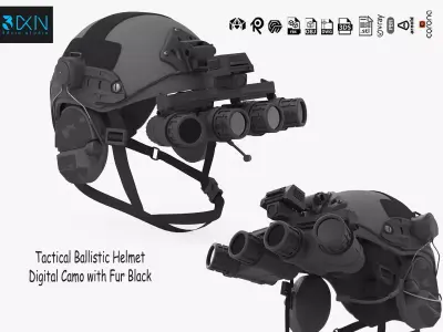 Tactical Ballistic Helmet Digital Camo with Fur Black 3D model