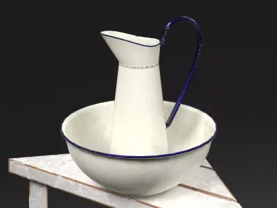 Old Enamel Jug and Wash Basin with Corner Table Low-poly 3D model