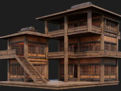 Old Japanese House Building 4K Textures GameReady 113 Low-poly 3D model