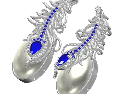 Antique Peacock Feather Pearl Drop Earring 3D print model