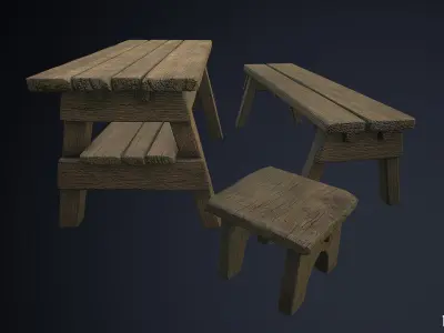 Rustic Wooden Trestle Work Table Stool and Bench Low-poly 3D model