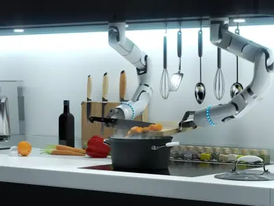 Robot Chef cooking soup 3d realistic animated scene Vray 3D model
