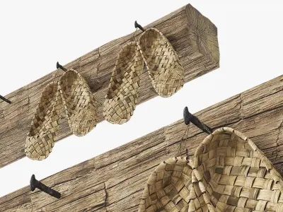 Aged Bast Shoes Hanging on Old Timber 3D model
