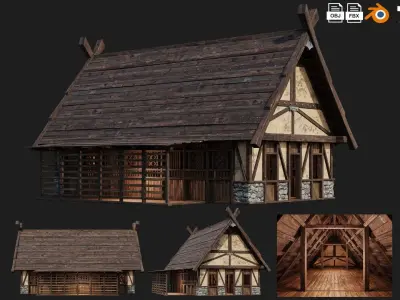 4 Old Medieval Building House Pack 4K Tex GameReady 73 to 76 Low-poly 3D model
