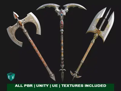 3 Medieval Battle Axes All PBR Unity UE Textures Included 3D Model Pack