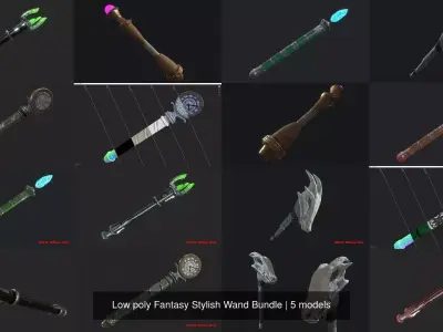 Low poly Fantasy Stylish Wand Bundle 3D Model Pack