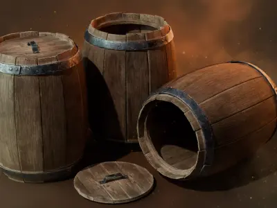 Wooden Barrel Low-poly 3D model 14