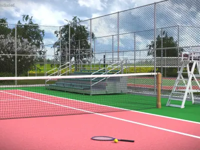 Tennis Court with Umpire Chairs and and Benches 3D model
