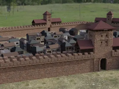 Castle Wall and village pack with interior Low-poly 3D model