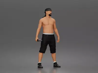 gangster stands holding knife wearing shorts sneakers headband 3D print model