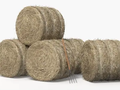 Round Hay Bales Stack with Pitchfork Golden Brown 3D model