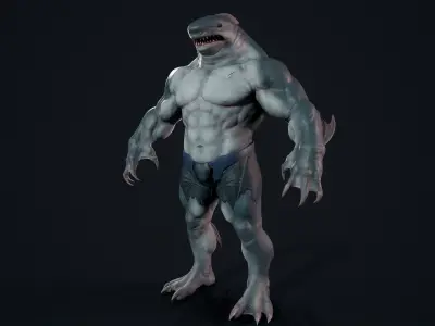Sharkman creature with long arms and legs Low-poly 3D model