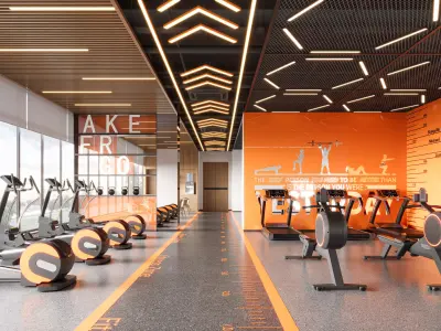 Inside the aerobic zone of an industrial-style gym 3D model
