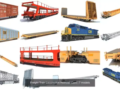 Freight Train Locomotive Railroad Cars 3D Model Pack