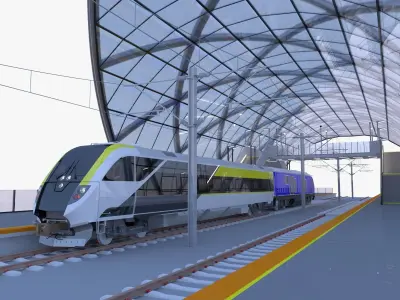 Bridge and station with american train 3D Model Pack