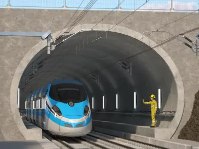 Railway Tunnel Section with Train and Worker 3D model