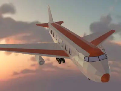 Airplane flying in sky at sunset Low-poly 3D model