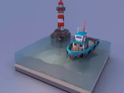 boat and lighthouse Low-poly 3D model