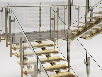 Modern Floating Stairs Glass Railing Architectural Pack PBR 3D model