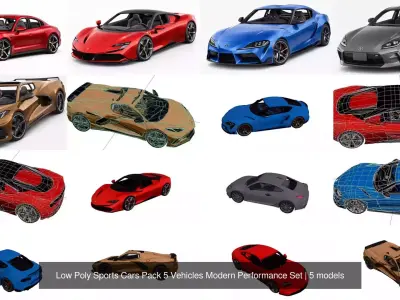 Low Poly Sports Cars Pack 5 Vehicles Modern Performance Set