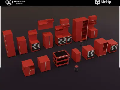 Modular Workshop Cabinets - Closets - Benches with Drawers Pack Low-poly 3D model