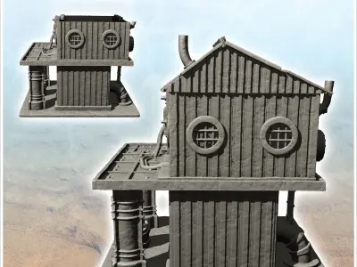 Post-apocalyptic building on two levels with supply pipes -4- 3D print model