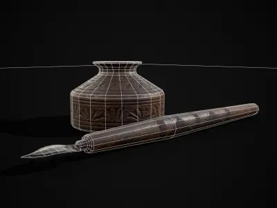 Elegant Wooden Inkpot Pen Low-poly 3D model