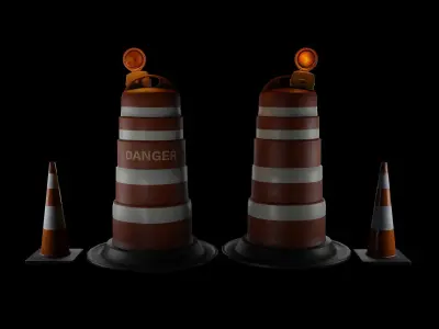 road  barrier city safety  con drum light streed Low-poly 3D model