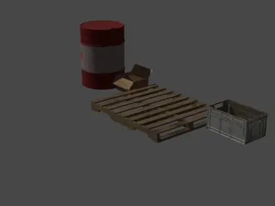 Pallet-barrel-cardboardbox-crates Low-poly 3D model