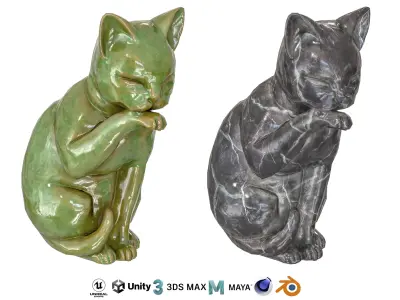 Grooming cat marble statues Low-poly 3D model
