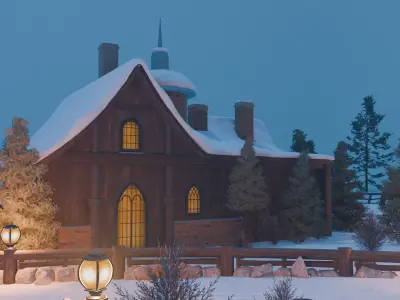 Winter Village On A Cliff 3D model