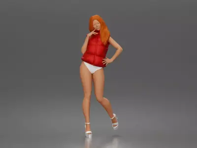 Woman poses flirtatiously wearing puffer vest bottoms 3D print model
