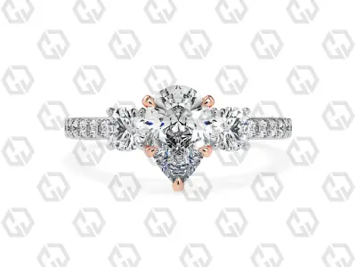 Ring 127 Pear cathedral pave set shank 3 stone ring 3D print model