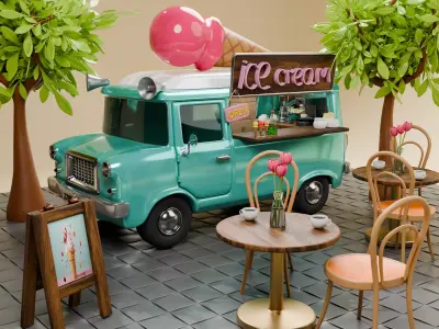 Isometric Coffee and Ice Cream Truck  Low Poly Stylized 3D Scene Low-poly 3D model