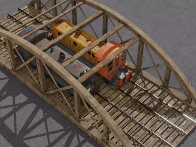 Old wooden bridge and locomotive 3D models Low-poly 3D model