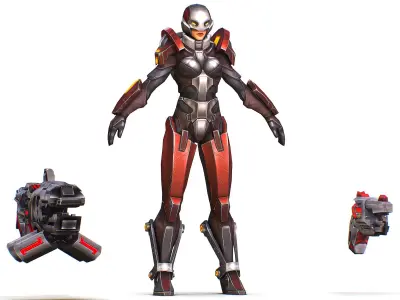 Cartoon Sci-Fi Cyborg Drone Heavy Machine Gunner Low-poly 3D model buy