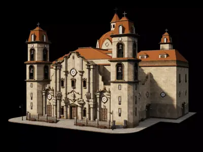 Colonial Church Twin Bell Towers Dome Orange Roof Baroque Low-poly 3D model