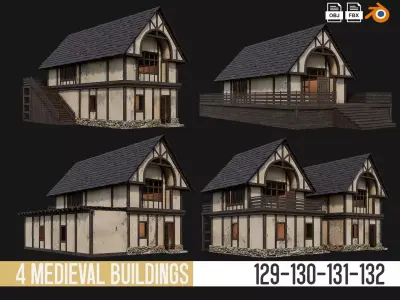4 Old Medieval Houses Pack 4K Textures GameReady 129 to 132 Low-poly 3D model