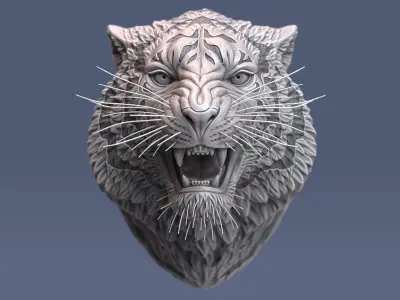 Angry Tiger Head Animal Sculpture Stripes 3D model