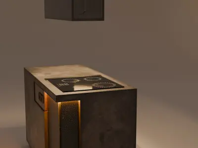 Stylized Industrial Kitchen Island with Cooktop and Ceiling Lamp Low-poly 3D model