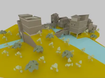 LOW POLY HISTORIC VILLAGE BESIDE RIVER Low-poly 3D model