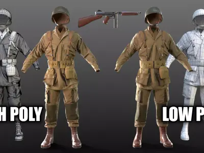 WW2 US Paratrooper and THOMPSON M1A1 Low-poly 3D model