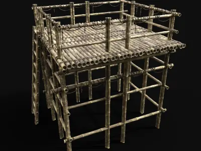 BAMBOO PLATFORM PIER LOG JUNGLE PORT CONSTRUCTION WATCHTOWER Low-poly 3D model
