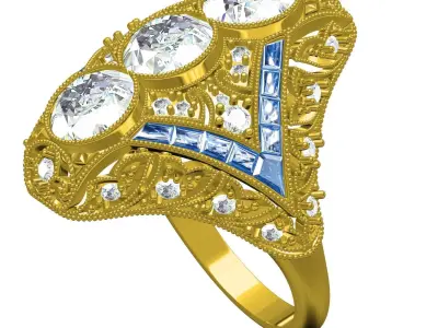 Antique Three Stone Art Deco Engagement Ring 3D print model