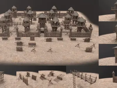 Medieval Wooden Castle  Tower Fort Constructor PBR Low-poly 3D model